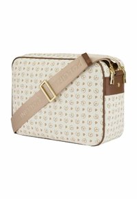 Borsa beige con motivo ripetuto in oro chiaro, rifiniture marroni, doppia cerniera e tracolla regolabile. Forma rettangolare con superficie liscia.
