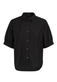 Schwarzes Kurzarmhemd mit durchgehender Knopfleiste, Kragen und gerafften Ärmeln. Hergestellt aus glattem Stoff mit lockerer Passform und abgerundetem Saum.