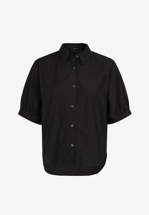 Czarna koszula z krótkim rękawem z zapięciem na guziki, kołnierzykiem i bufkami. Wykonana z gładkiego materiału o luźnym kroju i zaokrąglonym dole.