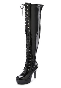 Knee-high black patent leather boots with a stiletto heel, front lace-up design featuring silver eyelets and a platform sole.