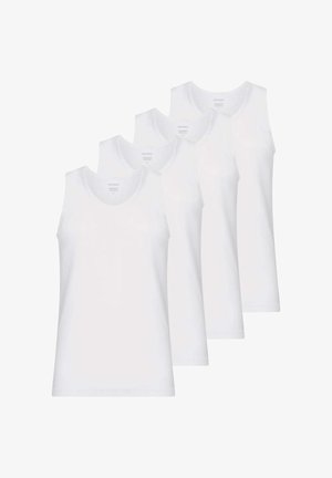 Quattro canotte bianche in morbido cotone, caratterizzate da un classico scollo rotondo e senza motivi o dettagli visibili.