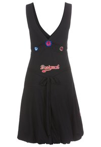 Černé bezramínkové šaty s hlubokým výstřihem do V, barevným kruhovým vyšíváním, logem "Desigual" a uvázaným páskem v pase.