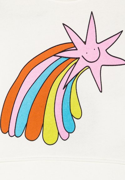 Naeratu roosa täht naeratab ning selle taga on värvikas vikerkaare jälg, kus on sinised, oranžid, kollased ja roosad triibud valgel taustal.