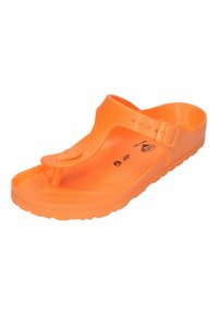Sandalino in plastica arancione con una singola fascetta per le dita e cinturino regolabile, dotato di una outsole texturizzata per una presa migliore e una superficie liscia.