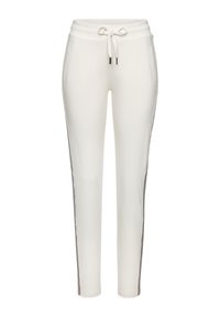 Weiße Lounge-Hosen mit einem Kordelzugbund, die über Seitentaschen und kontrastierende Streifen entlang der äußeren Beine verfügen. Weicher Stoff, slim fit Design.