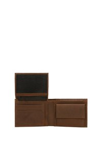 Portafoglio in pelle marrone con design a bifold, dotato di più scomparti per carte e una tasca per ID trasparente. Texture liscia con cuciture sottili.