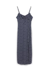 Navy blue sleeveless dress with white floral pattern, straight silhouette, adjustable straps, and front slit detail. Smooth fabric texture.