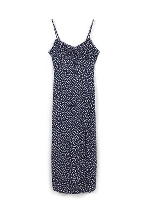Robe sans manches bleu marine avec un motif floral blanc, silhouette droite, bretelles ajustables et détail d' fente à l'avant. Texture de tissu lisse.