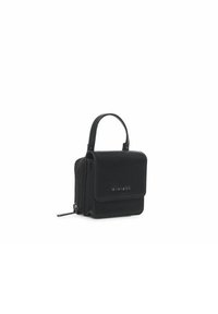 Zwarte leren mini tas met een gestructureerde vorm, ritsluiting en een handvat aan de bovenkant. Voorzien van een flap aan de voorkant en een vergrootte merklogo.