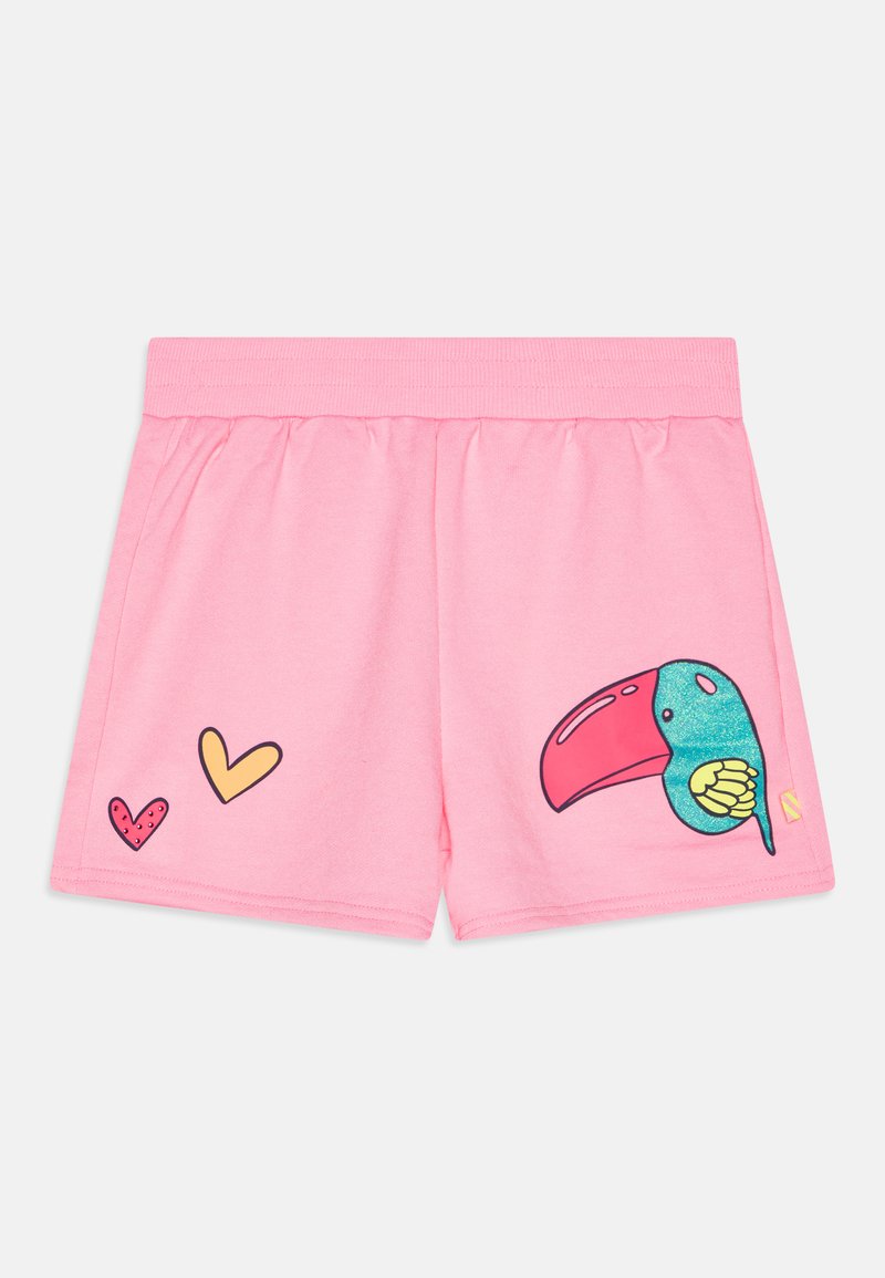 Shorts en coton rose présentant un grand motif de toucan, agrémenté d'illustrations de cœurs colorés sur le devant. Design avec taille élastique.