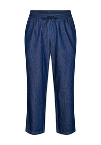 Džínové skrátené nohavice v tmavomodrej farbe, s elastickým pásom s šnúrkou, rovný strih a jemná textura.