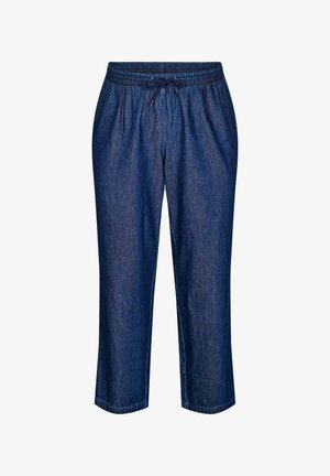 Pantaloni cropped in denim blu scuro, dotati di vita elasticizzata con cordino, design a gamba dritta e texture sottile.