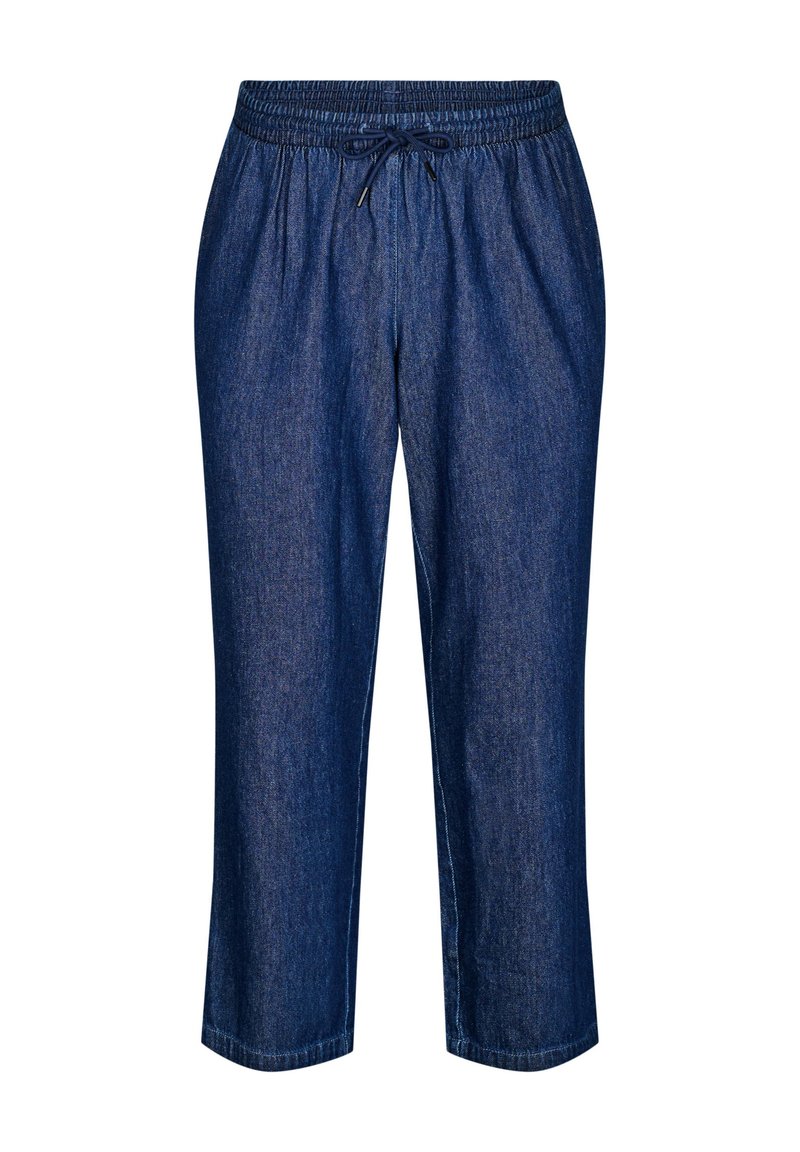 Džínové skrátené nohavice v tmavomodrej farbe, s elastickým pásom s šnúrkou, rovný strih a jemná textura.