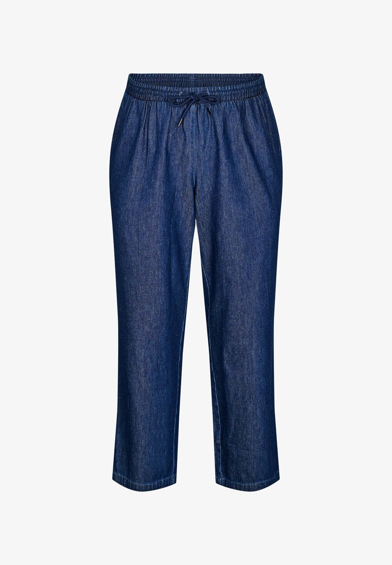 Džínové skrátené nohavice v tmavomodrej farbe, s elastickým pásom s šnúrkou, rovný strih a jemná textura.