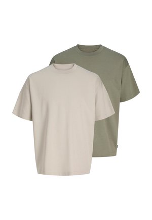 Two plain short-sleeve crewneck t-shirts, one beige in front and one olive green behind, displayed on a white background.