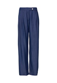 Donkerblauwe wijde broek van zachte stof, met een hoge tailleband en een enkele zilveren knoopdetail aan de voorkant.