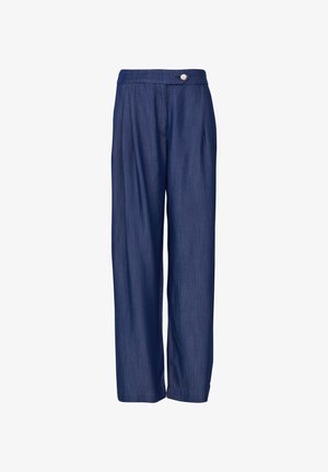 Pantalons larges bleu marine en tissu doux, dotés d'une taille haute et d'un unique détail de bouton argenté à l'avant.