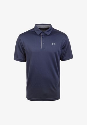 Polo a maniche corte blu navy con tre bottoni e un piccolo logo Under Armour sul lato sinistro del petto.