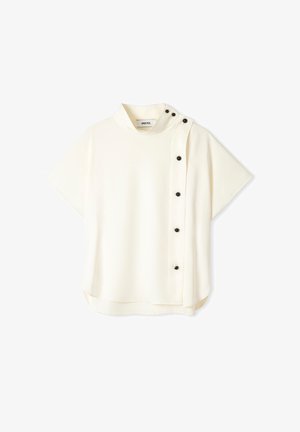 T-shirt à manches courtes en ivoire avec un col montant, comportant une fermeture latérale par boutons noirs et une texture lisse.
