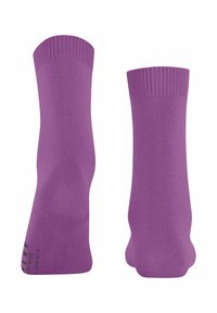 Un paio di calze viola semplici fino ai polpacci con risvolti a coste, mostrate da angolazioni frontale e posteriore su uno sfondo bianco.