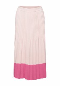 Jupe midi plissée avec une partie supérieure rose pâle et un ourlet inférieur rose vif, dotée d'une taille lisse et d'un tissu texturé.