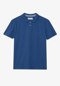 Blue polo shirt made of smooth cotton, featuring a three-button placket, short sleeves, and subtle white striped detailing at the collar.