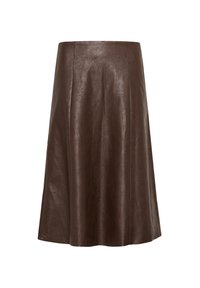 Jupe en cuir marron en forme A avec une texture lisse, dotée d'une taille ajustée et de coutures nettes. Aucun élément métallique visible ni motifs.