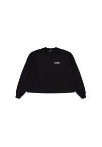 Black long-sleeve shirt made of cotton. Features a round neckline and loose fit, with a small white graphic on the left chest area.