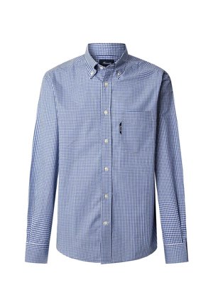 Blauw-witte button-up overhemd met lange mouwen, kleine ruitjes, met een knoopkraag en een borstzakje met een zwart etiket.