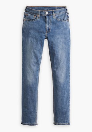 Blauwe denim jeans met een rechte pijpontwerp, uitgerust met vijf zakken, riemlussen en koperen hardware. Verbleekte textuur op de stof.