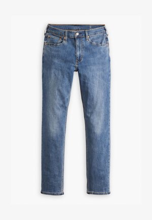 Blue denim jeans with a straight leg design, featuring five pockets, belt loops, and copper hardware. Faded texture on fabric.