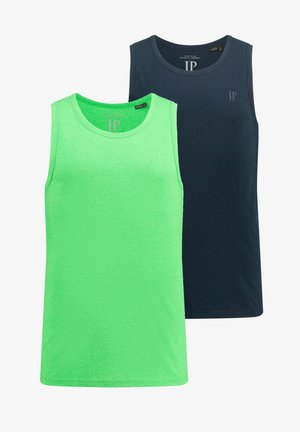 Dwie bezrękawnikowe koszulki: jedna jasna zielona z teksturowanym wykończeniem i logotypem, a druga jednolita ciemnogranatowa; obie mają okrągłe dekolty.