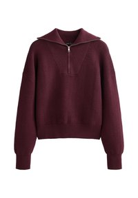 Pulover burgundy cu un design texturat cu benzi, guler înalt, închidere cu jumătate de fermoar și mâneci largi. Are un croi scurt și manșete strânse.