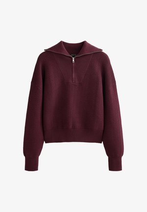 Bordeaux trui met een gestructureerd rib ontwerp, hoge kraag, halve ritsluiting en brede mouwen. Heeft een cropped fit en strakke manchetten.