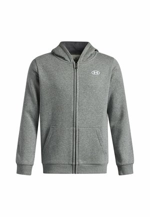 Gray full-zip hooded sweatshirt with front pockets, ribbed cuffs and hem, and a small white Under Armour logo on the chest.