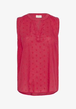 Punainen hihaton pusero, jossa on pyöreä pääntie ja lovi. Sisältää sydänkuvioita kevyessä, teksturoidussa kankaassa.