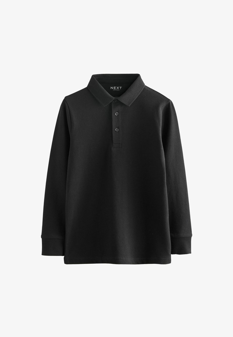 Polo noir à manches longues avec deux boutons et un col plié, présenté sur fond blanc.