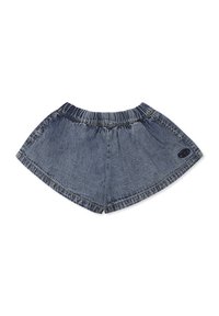 Shorts in denim con vita elastica, forma svasata, colore blu scuro e cuciture in contrasto. Presenta una piccola etichetta con il marchio sul lato.