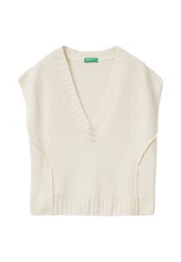 Cremfarbener gestrickter Pullunder mit V-Ausschnitt, kurzen Ärmeln, geripptem Saum und strukturiertem Muster. Leicht und figurbetont.