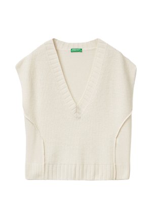 Krémově zbarvená pletená vesta s výstřihem do V, krátkými rukávy, příčným lemem a texturovaným vzorem. Lehký a přiléhavý design.