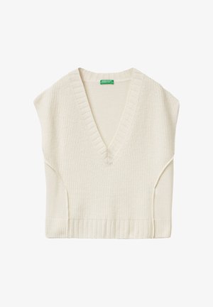 Kremowy, dziany bezrękawnik z dekoltem w serek, krótkimi rękawami, prążkowanym dołem i fakturowanym wzorem. Lekka i dopasowana konstrukcja.