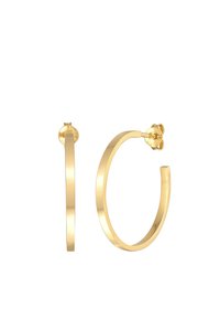 Orecchini a cerchio in oro con un design liscio e piatto. Caratterizzati da una chiusura sicura a perno. I cerchi sono rotondi e lucenti, con uno stile minimalista.