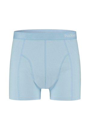 Lyseblå boksershorts laget av mykt stoff, med en tett midjebånd med "Pockies"-logo, og kontrasterende sømmer for ekstra detaljer.