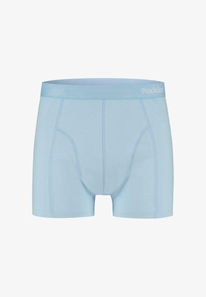 Világoskék boxer alsónadrág puha anyagból, amely szoros derékpánttal rendelkezik, rajta a "Pockies" logóval, és kontrasztos varrással a részletek hangsúlyozásáért.