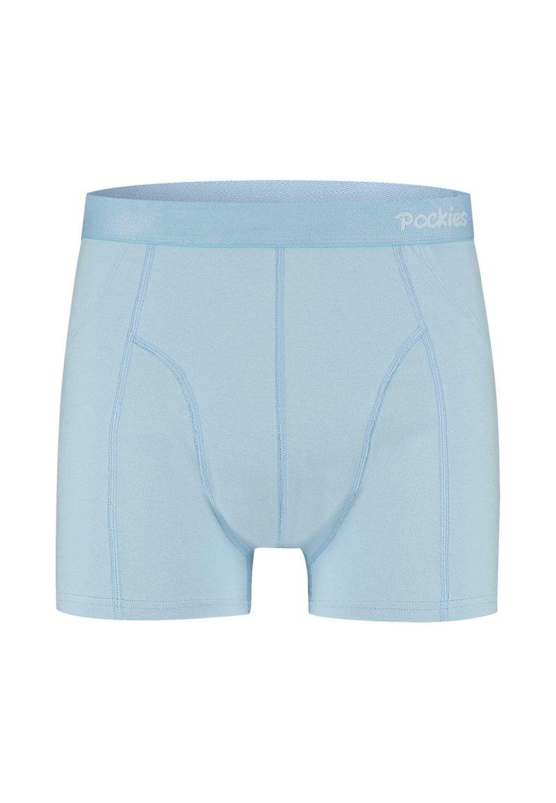 Gaiši zili bokseršorti, kas izgatavoti no mīkstas auduma, ar cieši pieguļošu jostasvietu un "Pockies" logotipu, kā arī kontrastējošām šuvēm papildu detaļām.