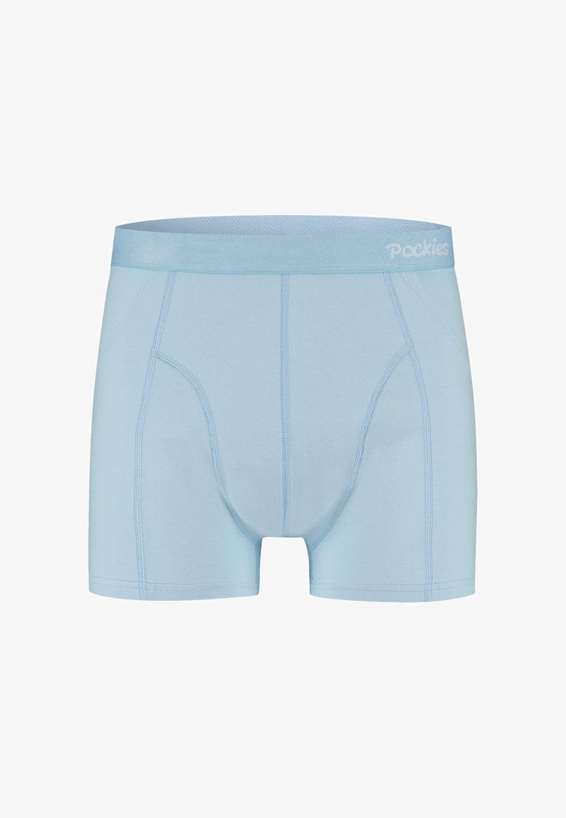 Gaiši zili bokseršorti, kas izgatavoti no mīkstas auduma, ar cieši pieguļošu jostasvietu un "Pockies" logotipu, kā arī kontrastējošām šuvēm papildu detaļām.