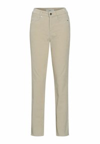 Beige bomullbyxor med rak bendesign, som har knäppning framtill, bälteshällor och femficksstil. Mjuk textur.