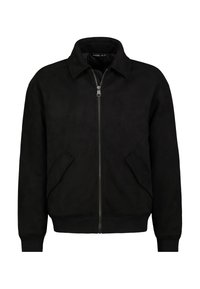 Schwarze Wildlederjacke mit einem Reißverschluss vorne, Kragen und zwei Seitentaschen. Verfügt über gerippte Bündchen und einen gerippten Saum. Einfaches, sauberes Design.