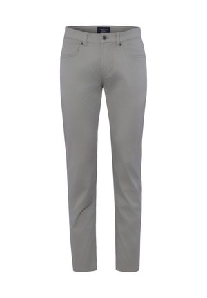 Graue Slim-Fit-Hose mit vorderem Knopf und Reißverschluss, Gürtelschlaufen und zwei vorderen Taschen, vor weißem Hintergrund dargestellt.