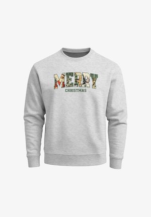 Gray sweatshirt with "MERRY CHRISTMAS" text, featuring colorful, festive graphics and a classic crew neck design. Soft, textured fabric.